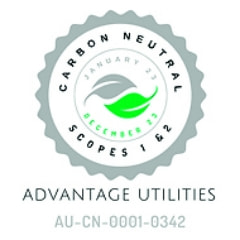 Certification badge for Carbon Neutral Scopes 1 & 2, awarded by Advantage Utilities, demonstrating MD Govier's commitment to sustainable and environmentally responsible practices.